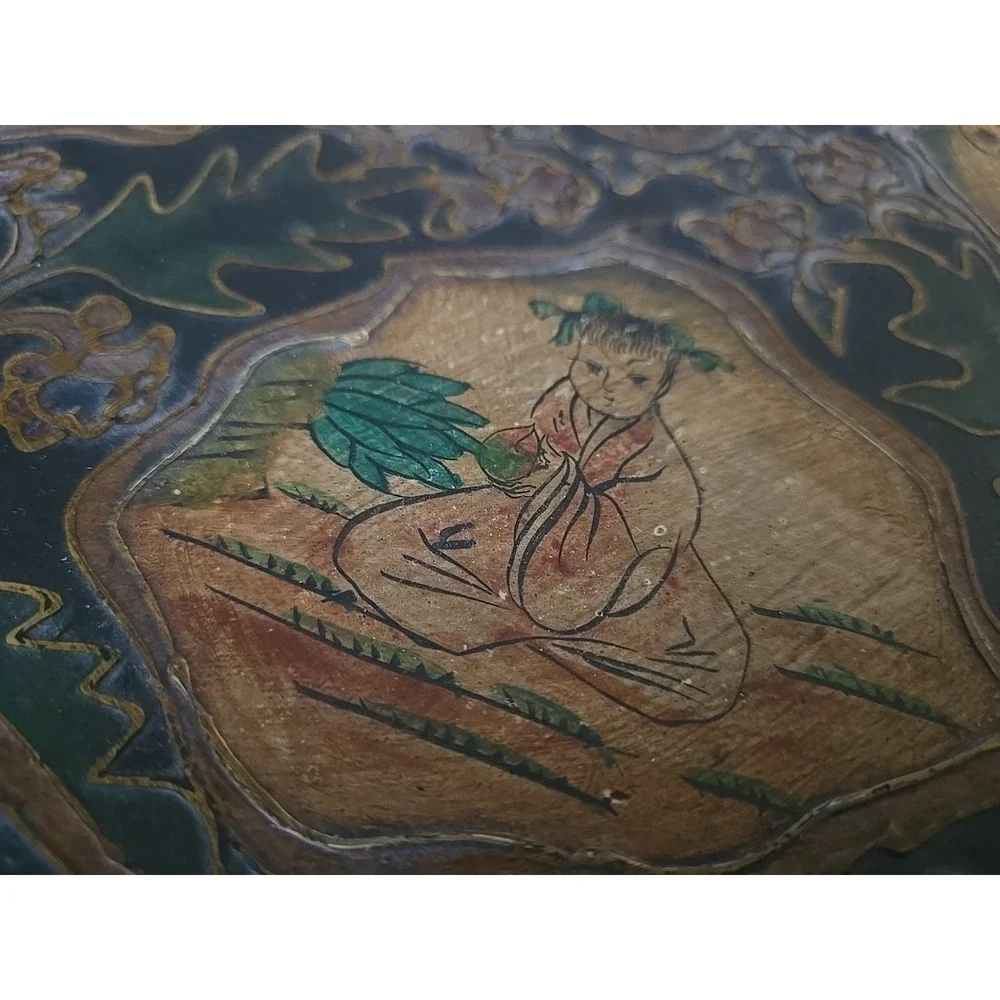 Antique Large Hexagonal Wooden Box Asian Hand Painted 6 Inside Compartments Rare